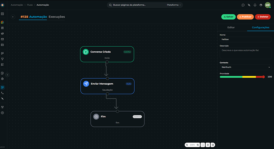 Imagem aba Configurações do editor com os campos Nome, Descrição, Contexto e Prioridade