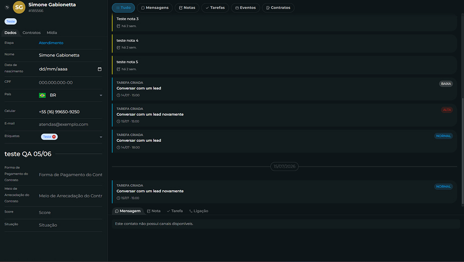 Imagem painel de ações do contato com as abas Mensagem, Nota e Tarefa
