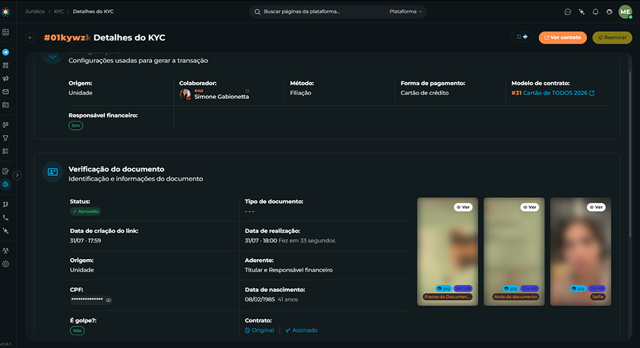 Imagem ficha do contato com a aba Contratos aberta e o menu de ações de um contrato