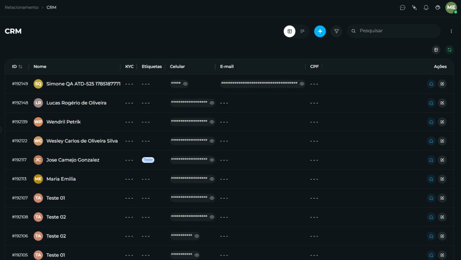 tela do CRM com o seletor Tabela/Kanban e o botão + no topo (/relacionamento/crm)