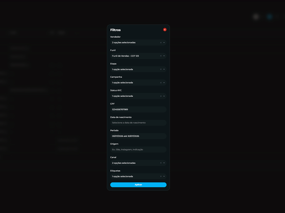 Imagem painel de filtros do CRM aberto com os campos preenchidos