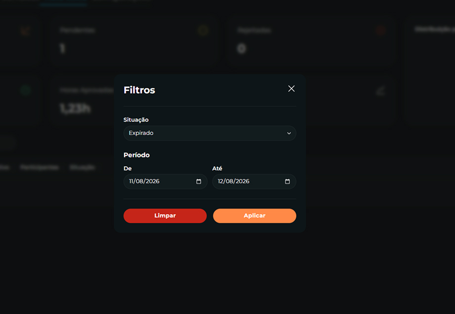 Imagem modal Filtros de Hora extra com Situação e Período preenchidos