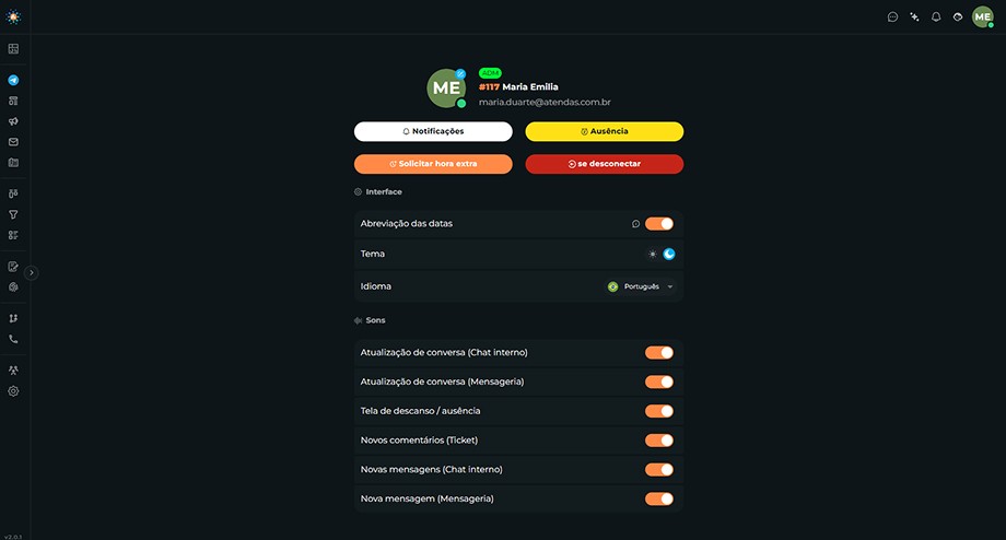 Imagem tela Meu perfil com as seções Interface e Sonsr