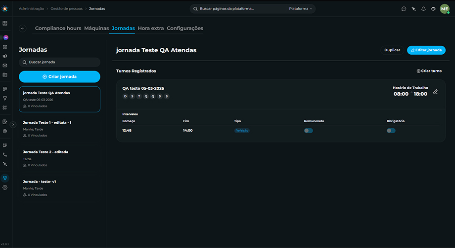Imagem tela de Jornadas com a lista à esquerda e o detalhe de uma jornada com os turnos à direita