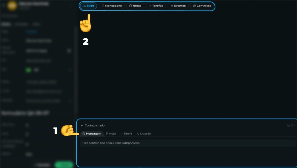 Imagem ficha do contato aberta com abas à esquerda e linha do tempo à direita