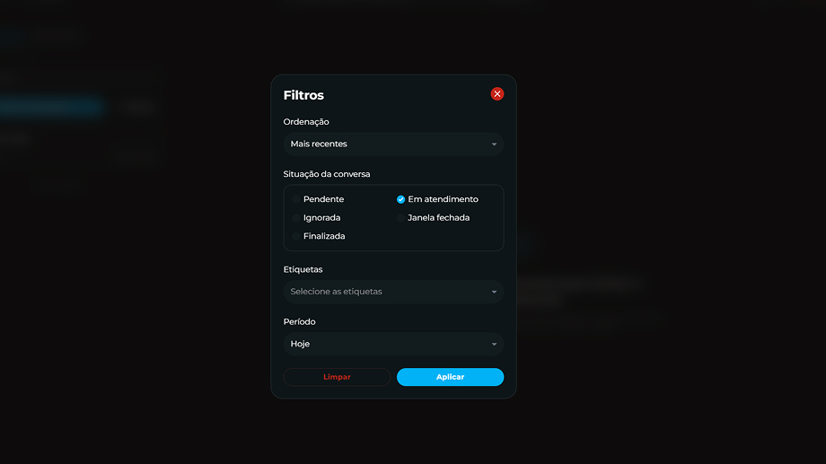 Imagem modal Filtros da lista de conversas com Ordenação, Situação, Etiquetas e Período