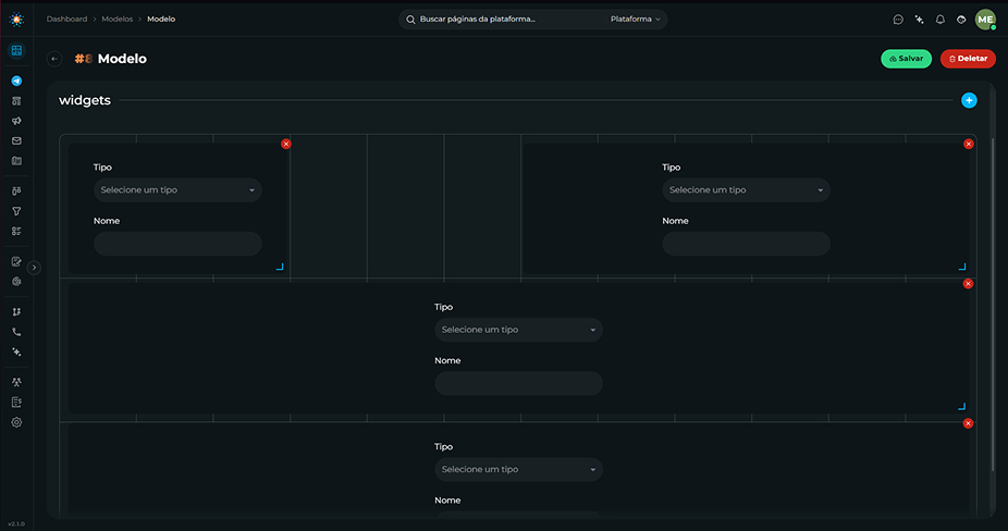 Editor de modelo com o campo Nome do widget preenchido